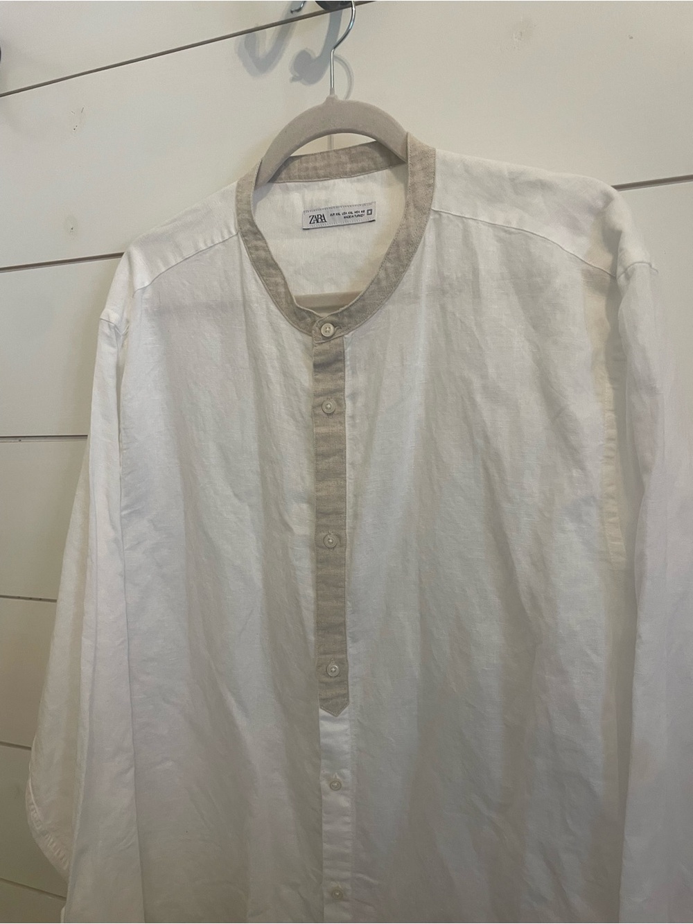 Zara Men linen blend White Shirt with Beige Contrast Trim - Picture 2 of 9